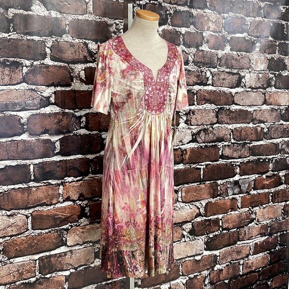 World Unity Romantic Stone Dress NWT Short Sleeve Notch Midi Pink Size Large L - Picture 7 of 17